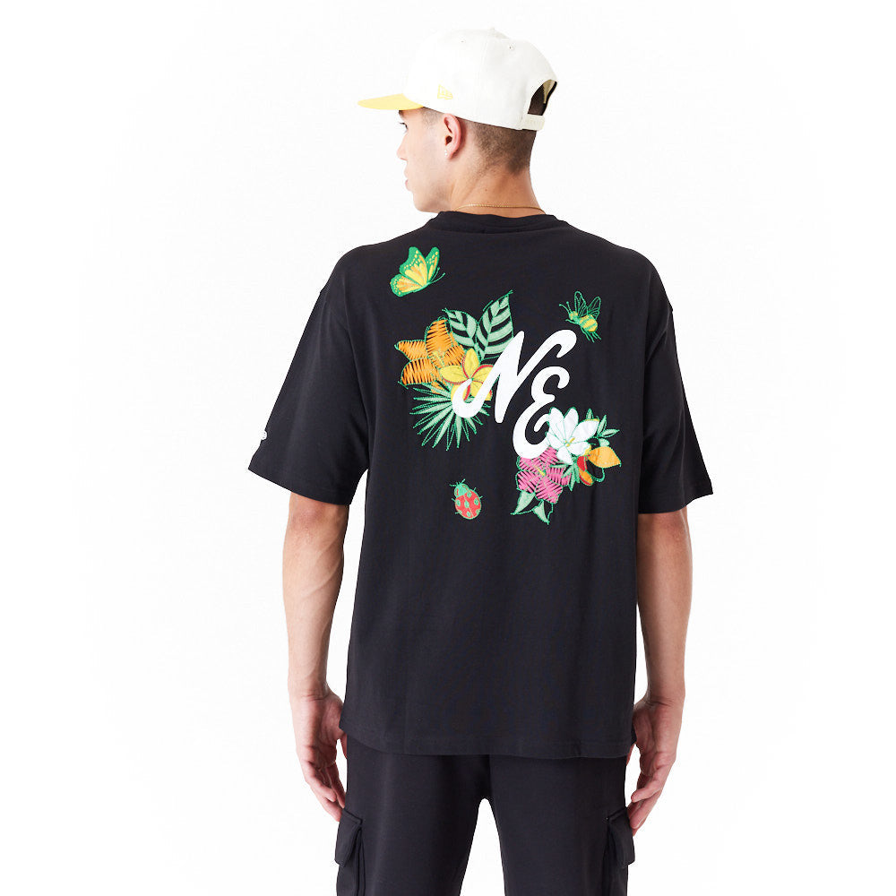 New Era Floral Graphic Oversized Black Tee