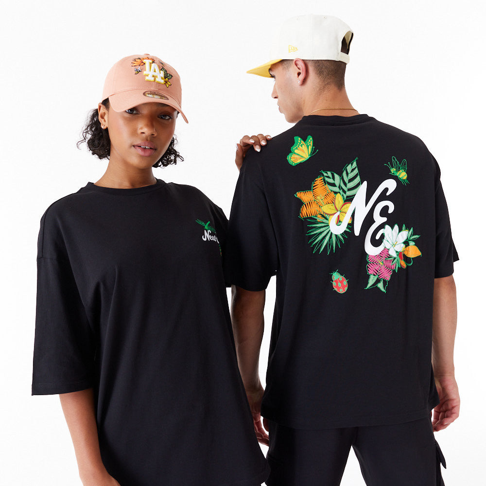 New Era Floral Graphic Oversized Black Tee