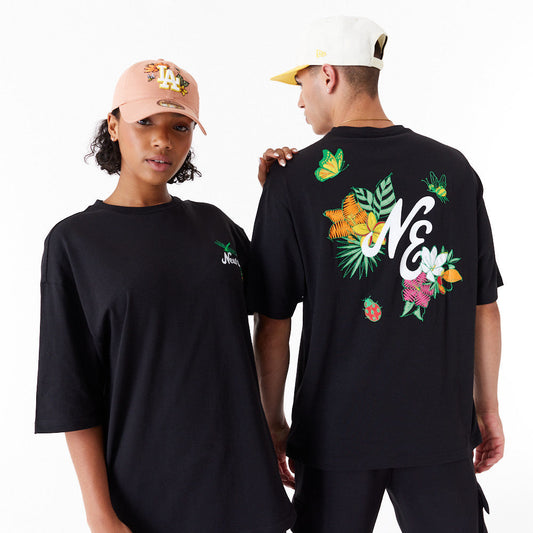 New Era Floral Graphic Oversized Black Tee