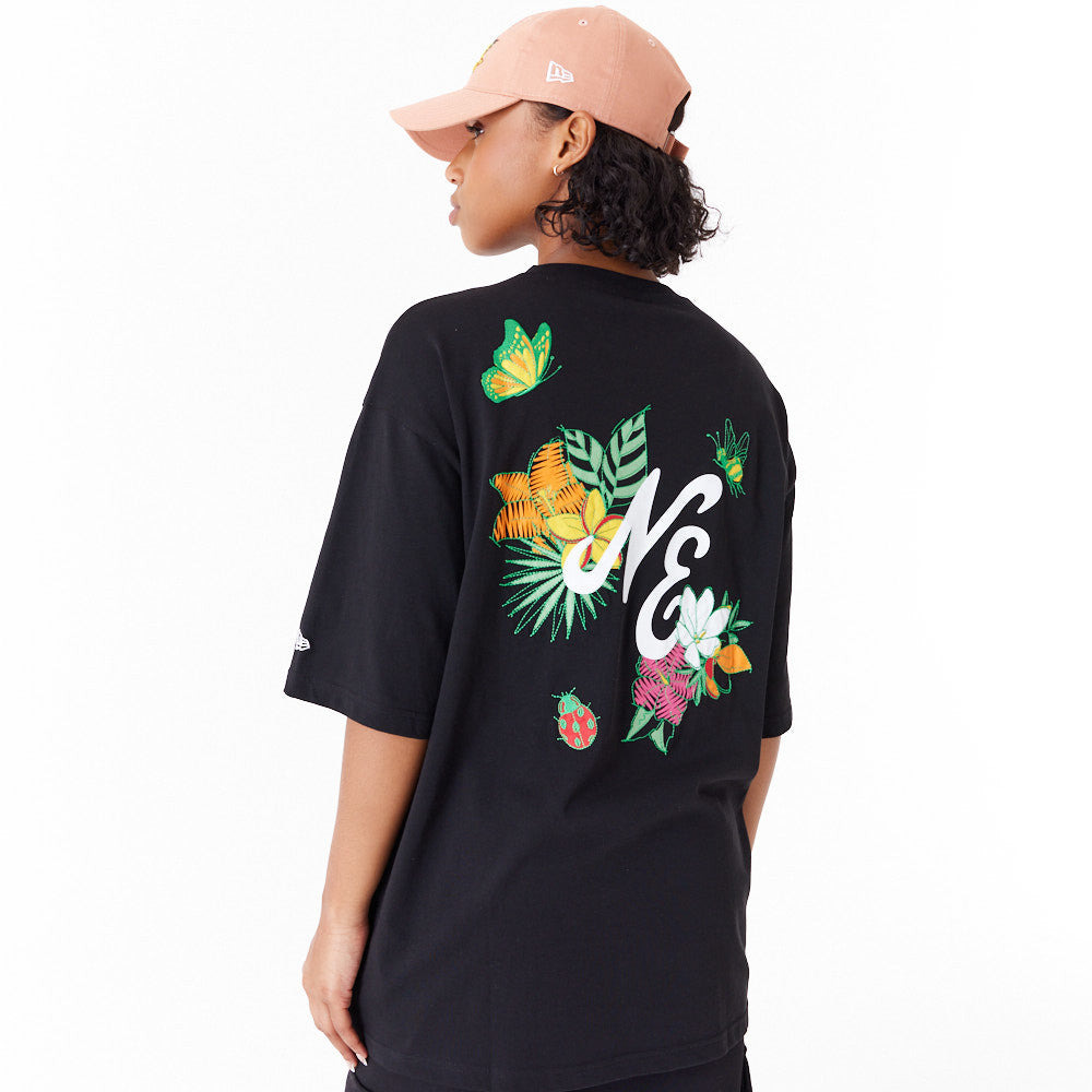 New Era Floral Graphic Oversized Black Tee