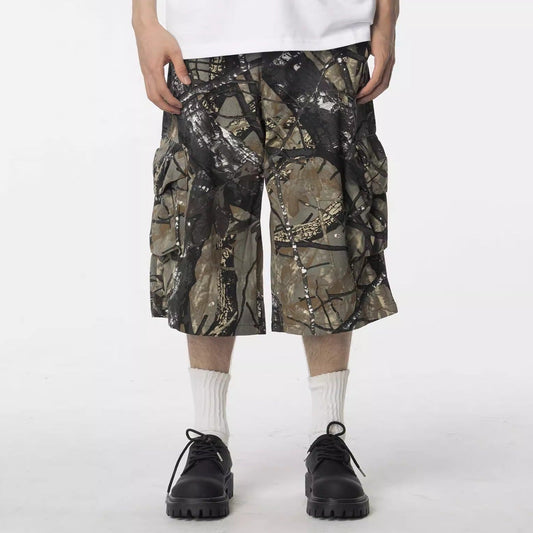 WASHED TREE BRANCHED CARGO SHORTS