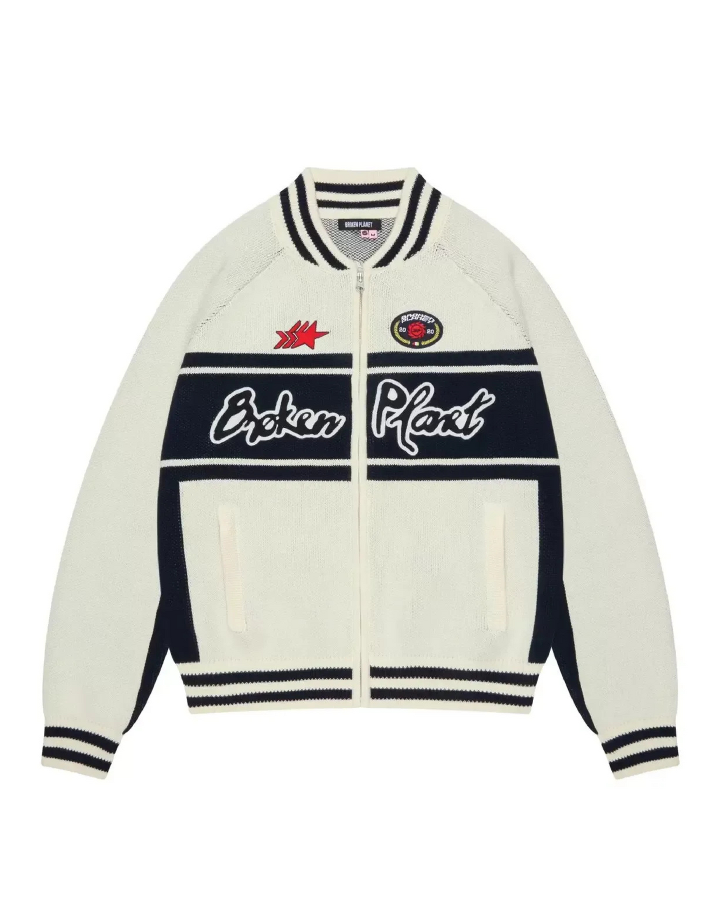Broken Planet Racer Knit Zip-Up - "White/Navy"