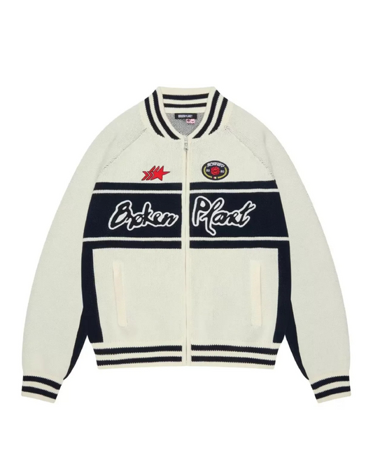 Broken Planet Racer Knit Zip-Up - "White/Navy"