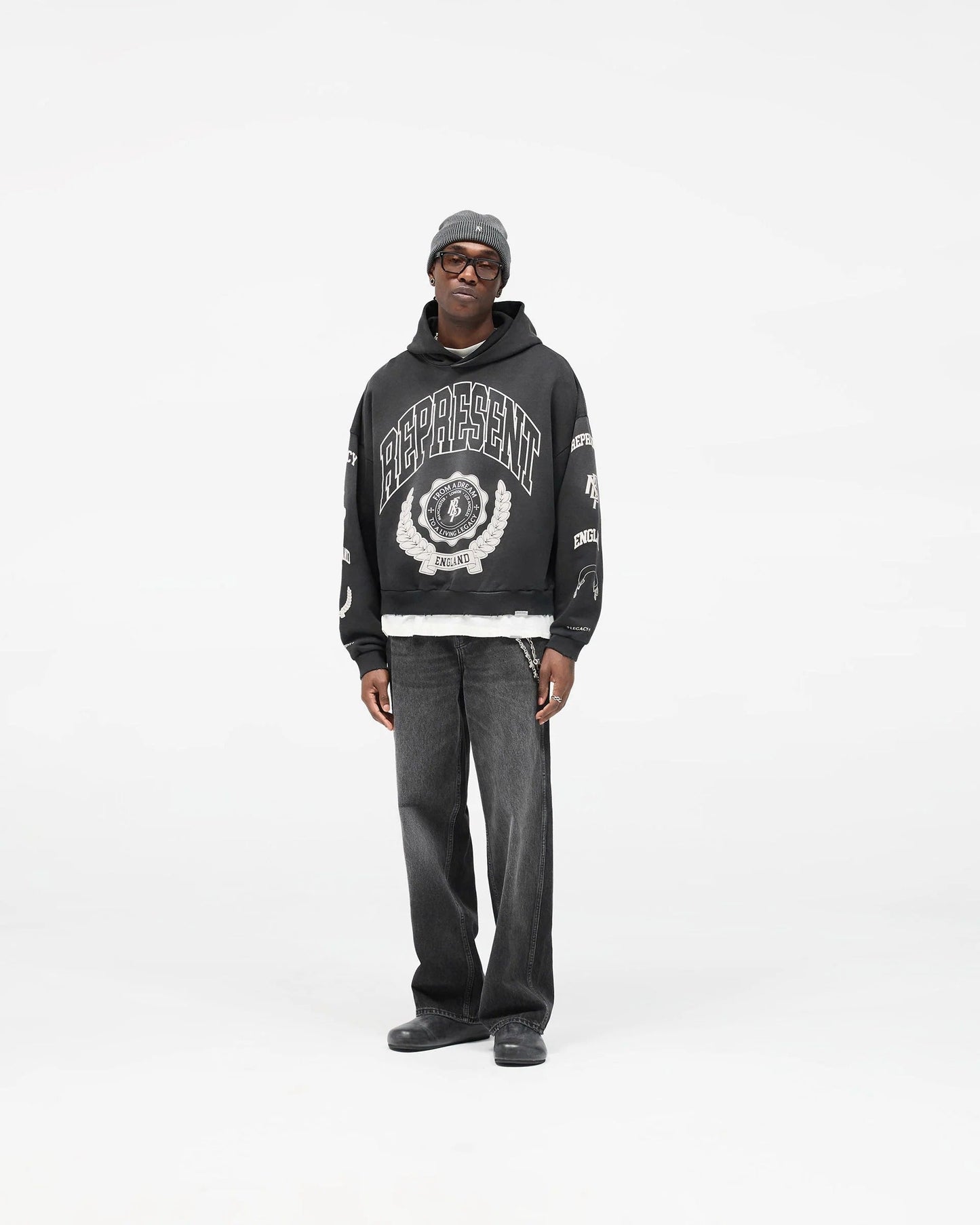 Represent Legacy Crest Hoodie - "Stained Black"